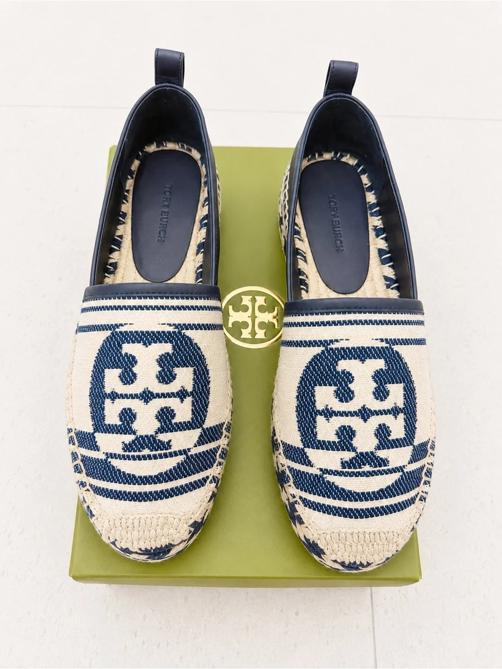 Tory Burch Navy and Cream Logo Espadrille Slip-Ons